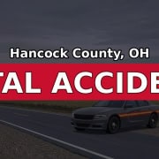 Illustration: Hancock County, OH fatal accident graphic with a highway patrol cruiser on a rural road